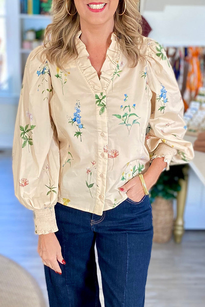 Floral Ruffle Neck Puff Sleeve Top