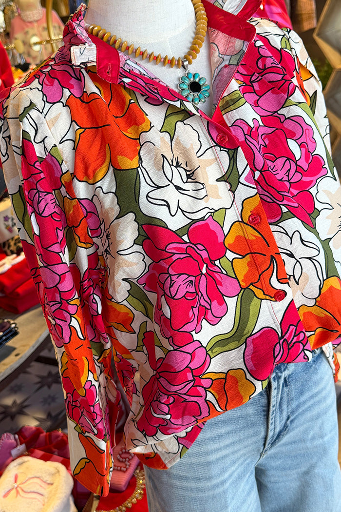 Bold Floral Print Contrast Collar Top