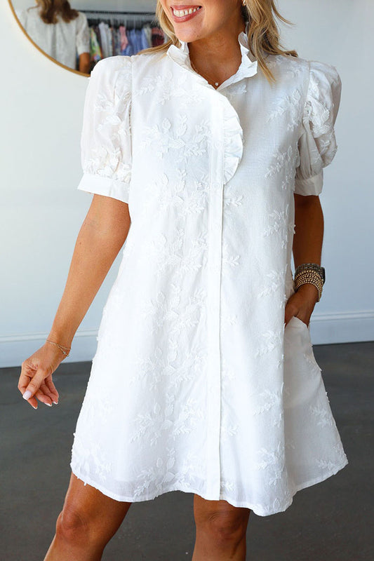 Ruffled Collar Pocket Embroidery Dress
