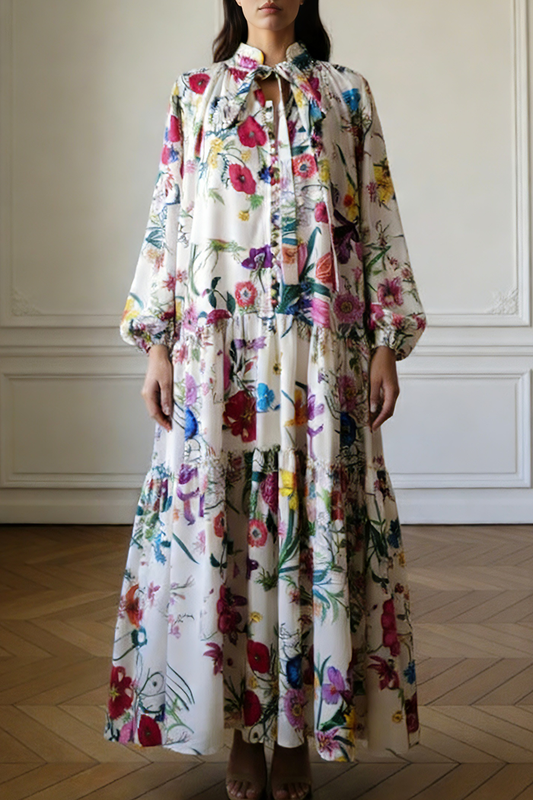 Floral Tie Neck Tiered Maxi Dress