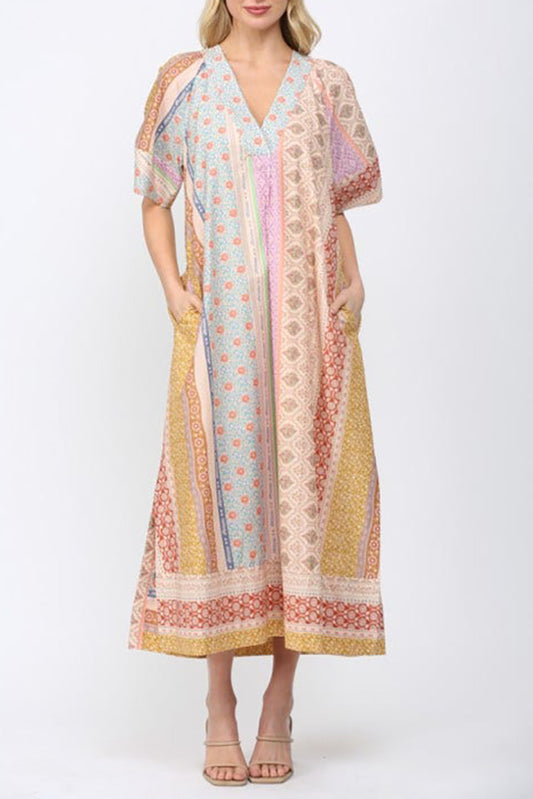 Patchwork Print Pocketed Kaftan Dress