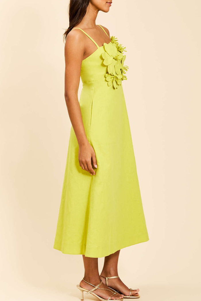 3D Floral Square Neck Pocketed Midi Dress