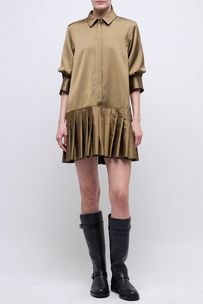 Hidden Button Pleated Hem Shirt Dress