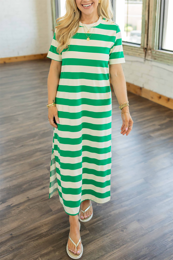 Casual Striped Side Slit Dress