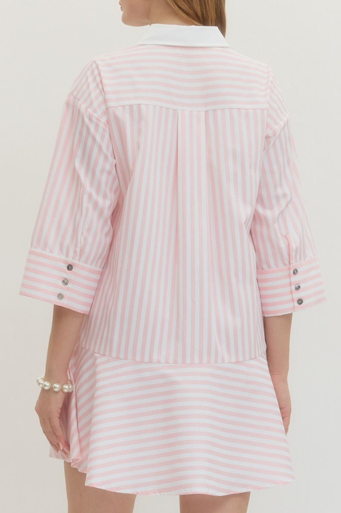 3/4 Sleeve Swing Hem Stripe Shirt Dress