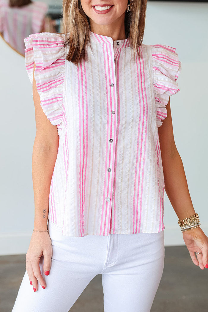 Striped Ruffle Sleeve Button Top