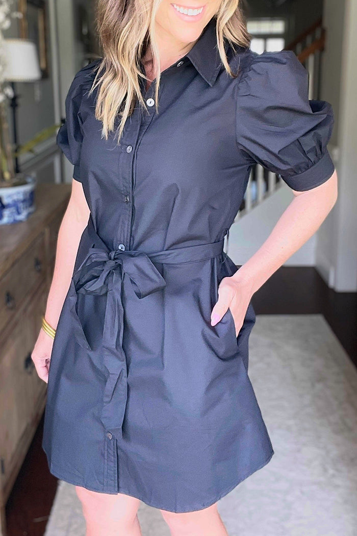 Button Up Tie Waist Shirt Dress
