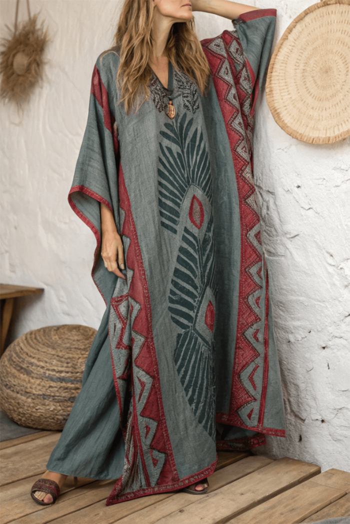 Printed Color Block Kaftan Maxi Dress