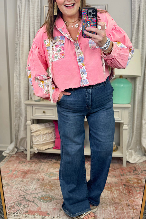 Casual Floral Patchwork Pocket Top