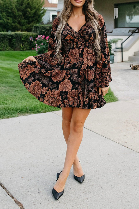 V-Neck Retro Print Flare Dress