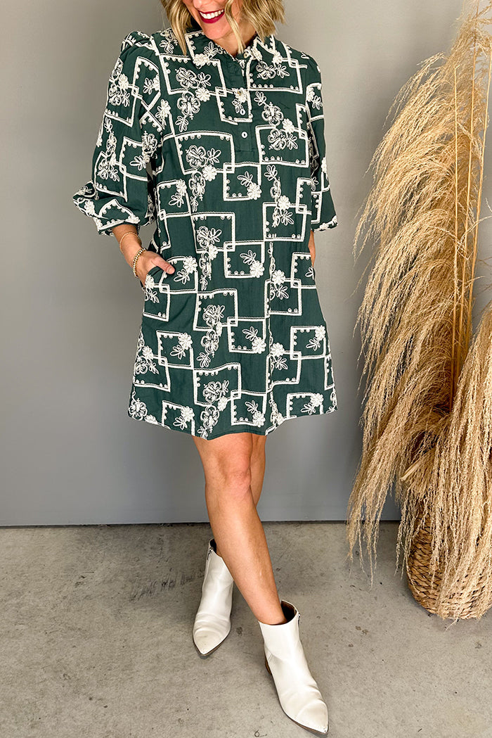 Floral Embroidered Long-Sleeved Pocket Shirt Dress