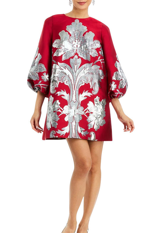 Metallic Floral Puff-Sleeve Mini Dress
