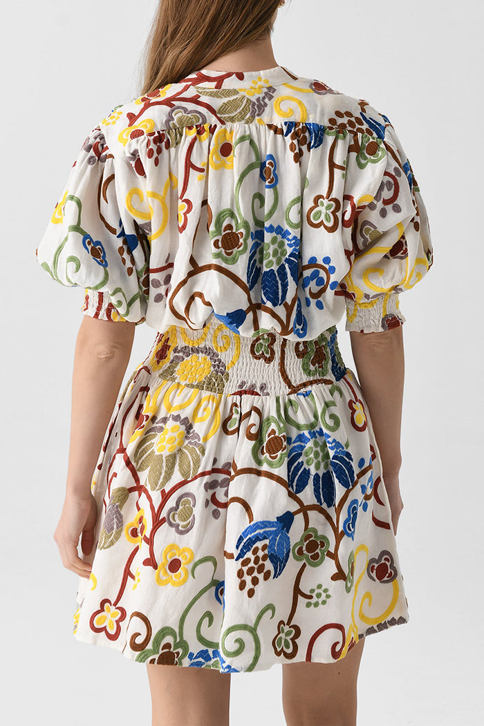 Floral Linen Lattering Ruched Waistline Dress