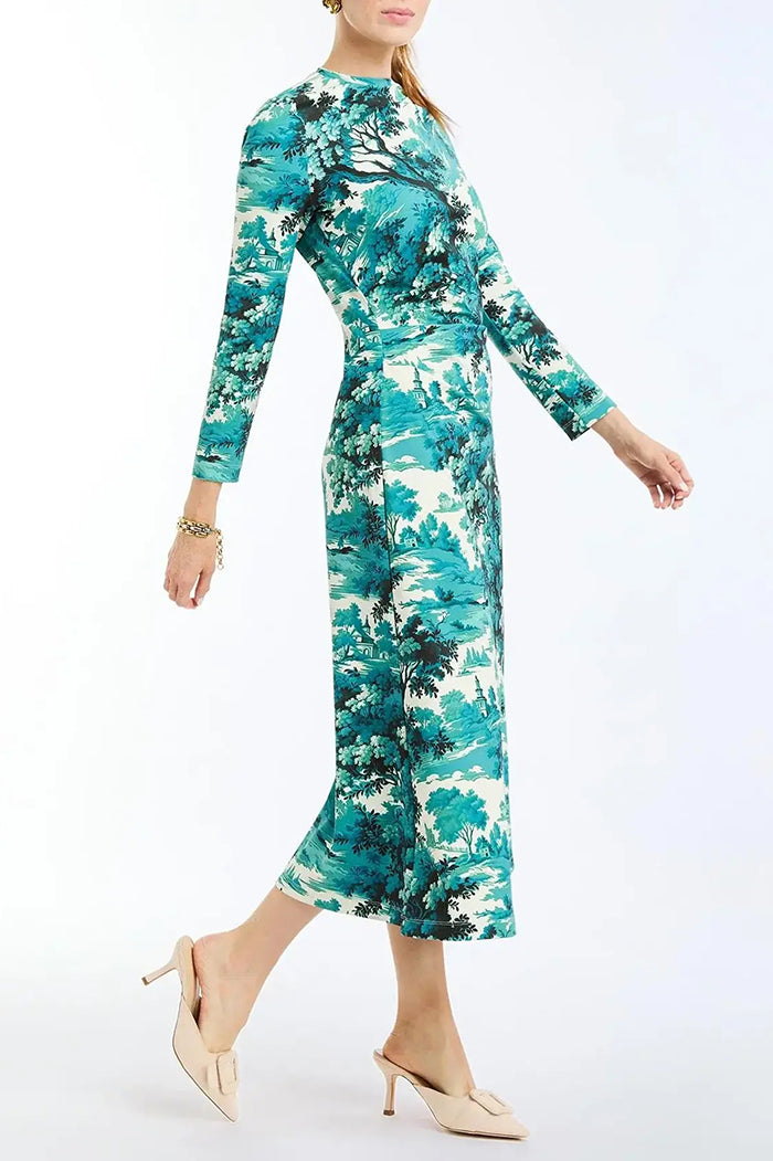 Landscape Print Long-Sleeve Midi Dress