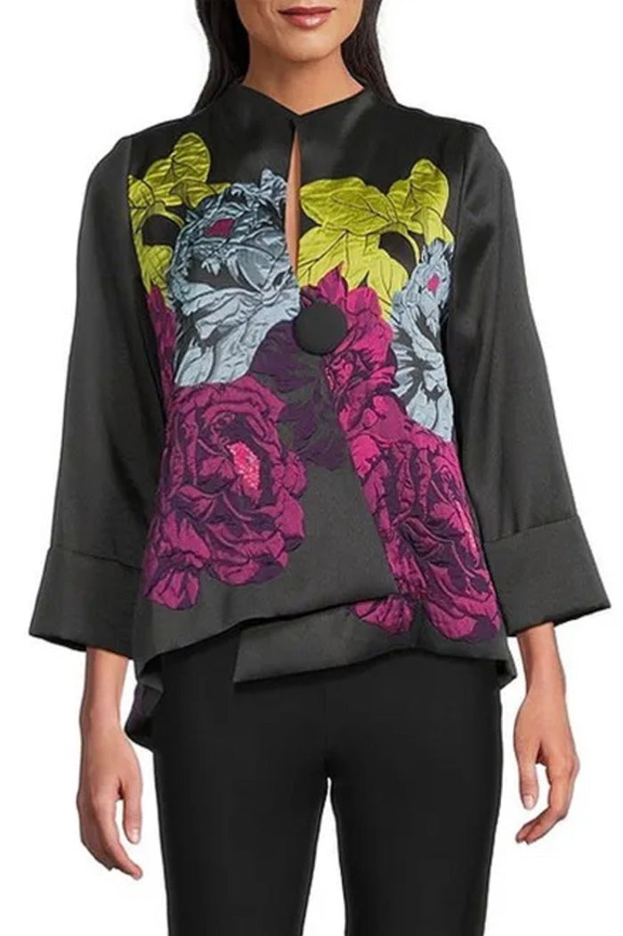 Jacquard Bloom Stand Collar Asymmetrical Jacket