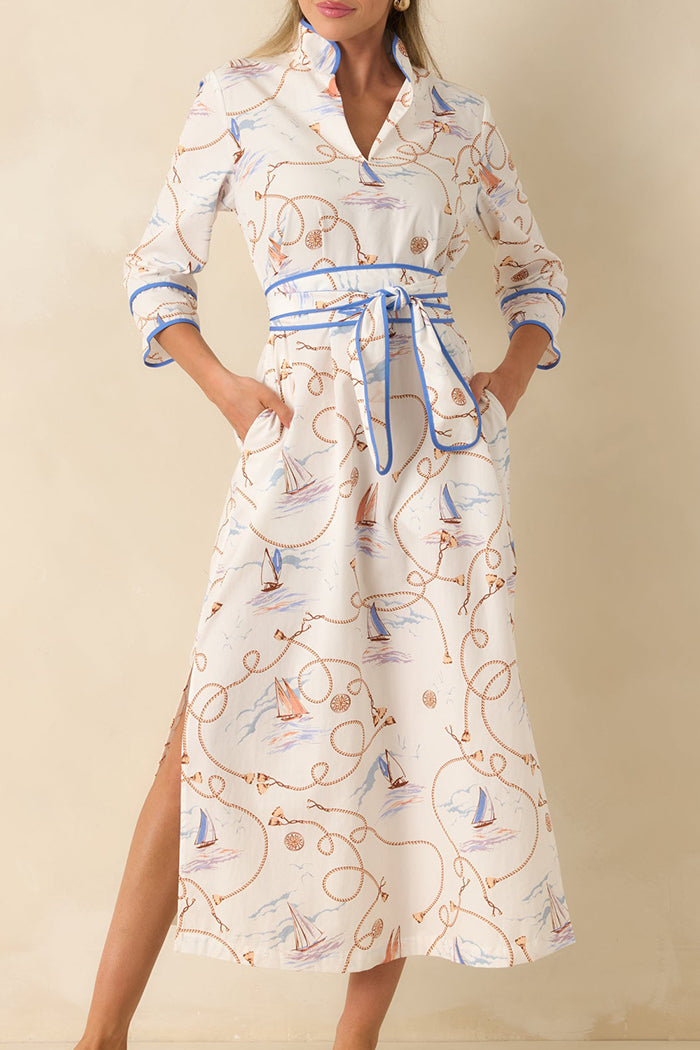 Ivory Multi Nautical Belted Slit Pocket Midi Dress