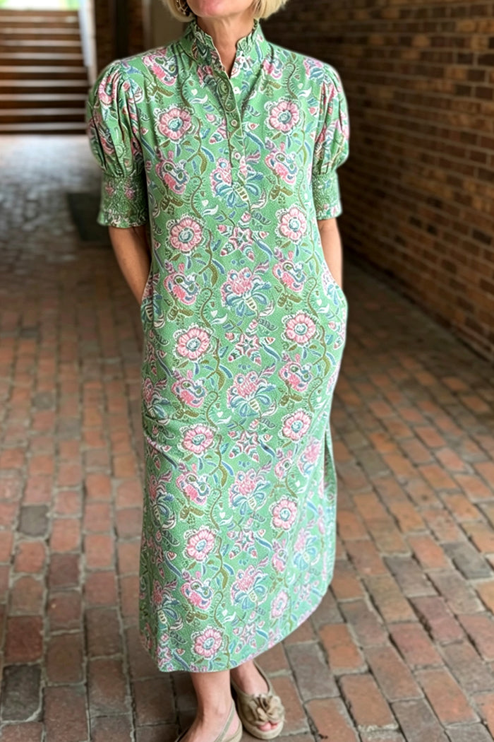 Floral Pocketed Side Slit Puff Sleeve Dress