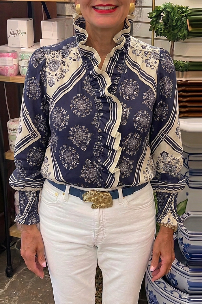 Casual Retro Print Ruffle Top