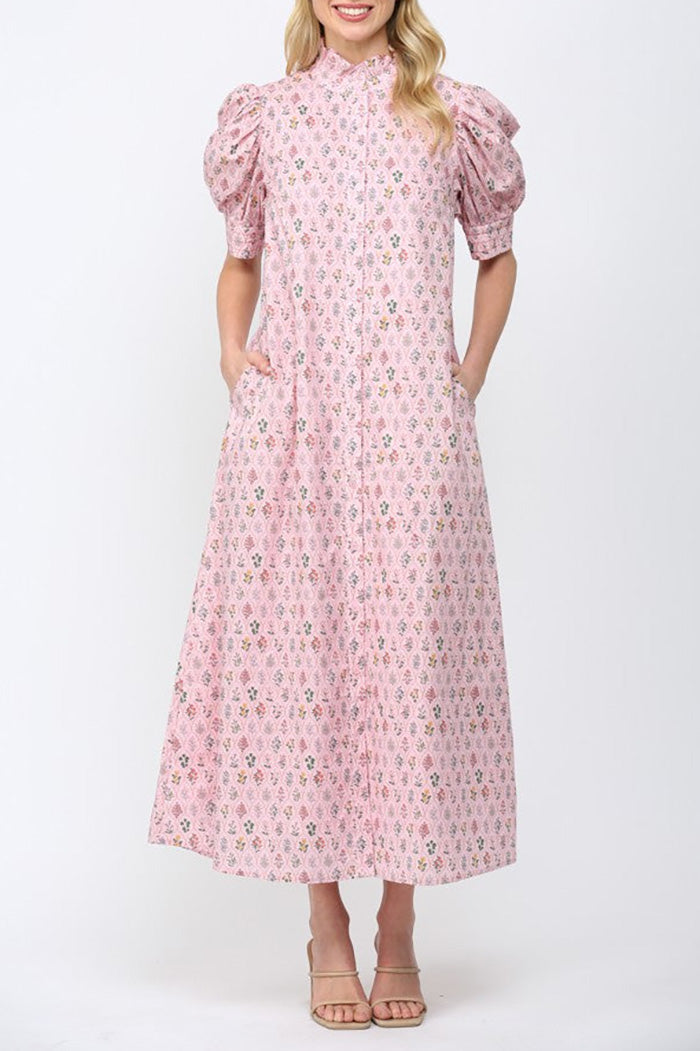 Pink Floral Pocket Midi Dress