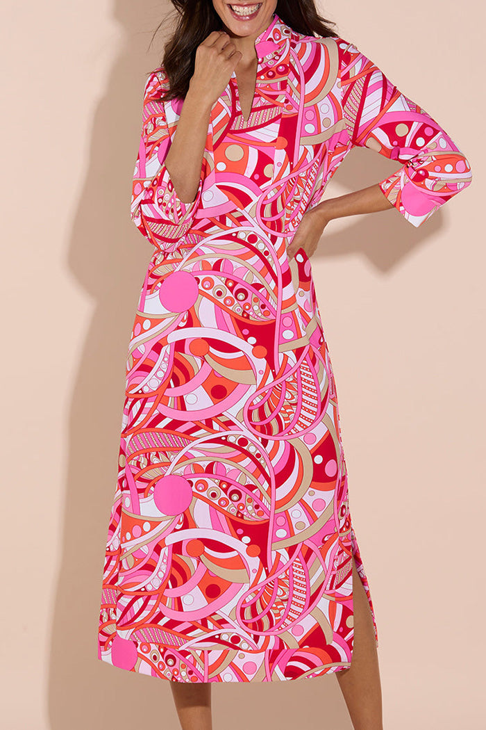 3/4 Sleeve Pink Abstract Midi Dress