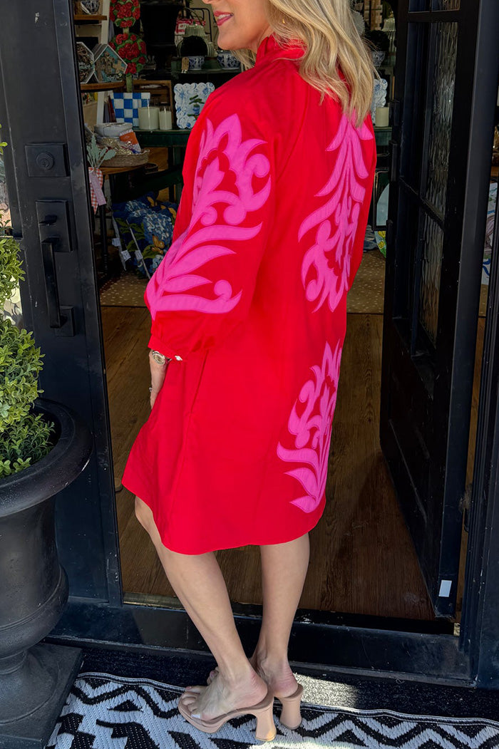 Contrast Print Half Placket 3/4 Sleeve Pocketed Dress