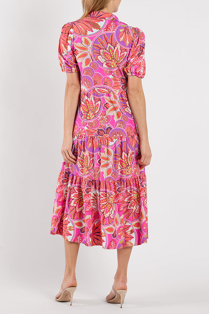Feathered Floral Collared Puff Sleeve Tiered Midi Dress
