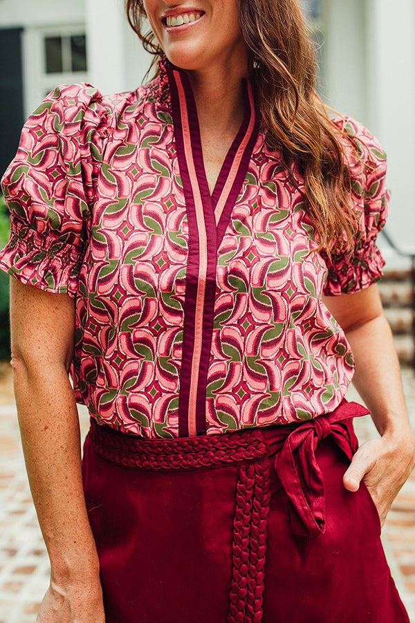 Abstract Print Ruffle Sleeve Top