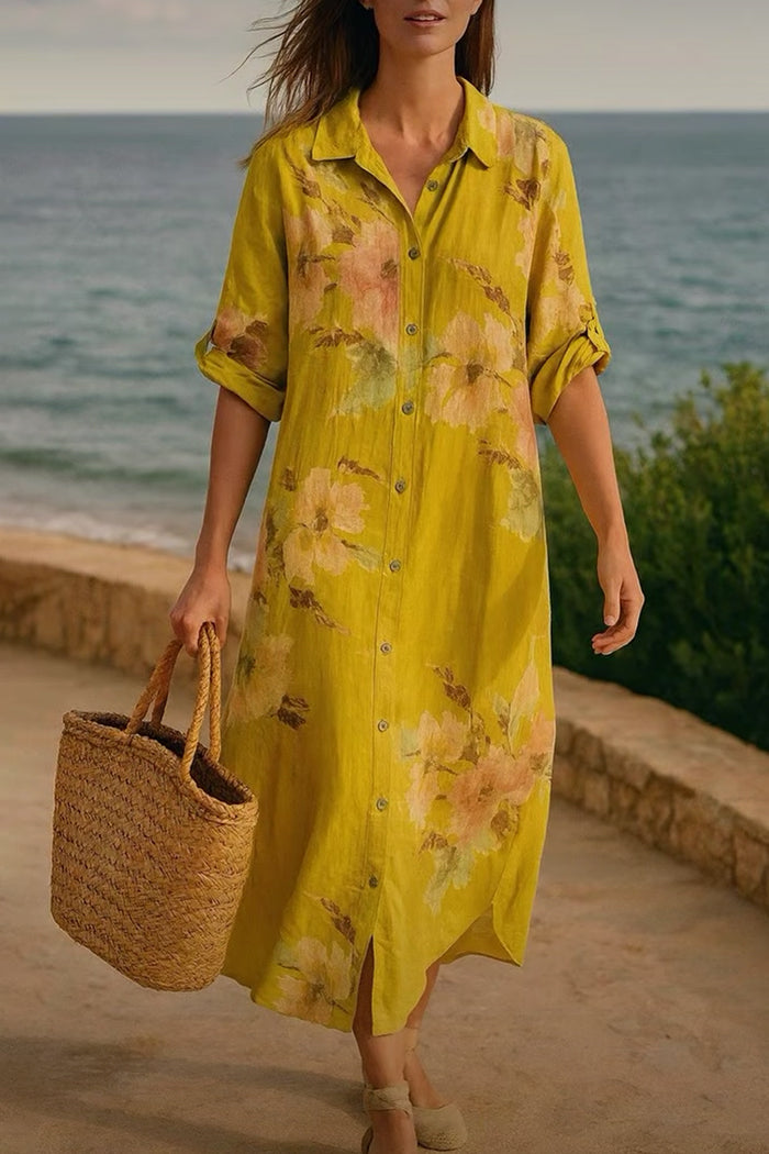 Linen Floral Button Down Maxi Dress