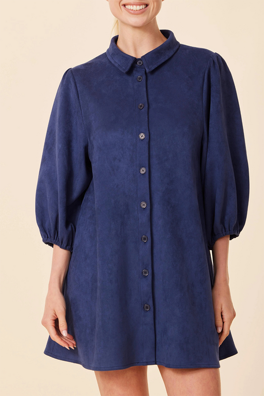 Collared Button-Front Puff-Sleeve Dress