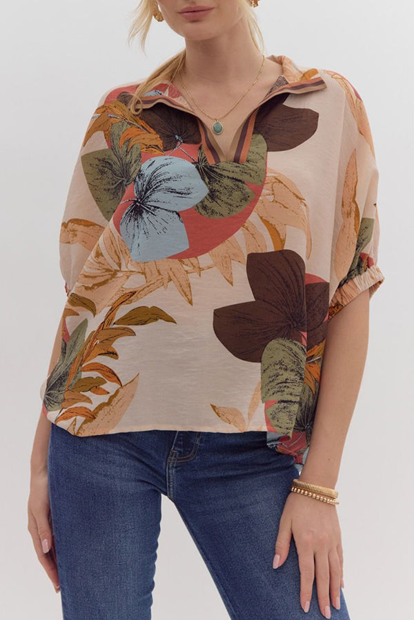 Tropical Patterned Dolman Sleeve Leaf Top