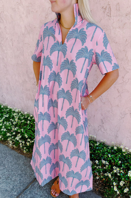 Short Sleeve Print Pocket Maxi Dress