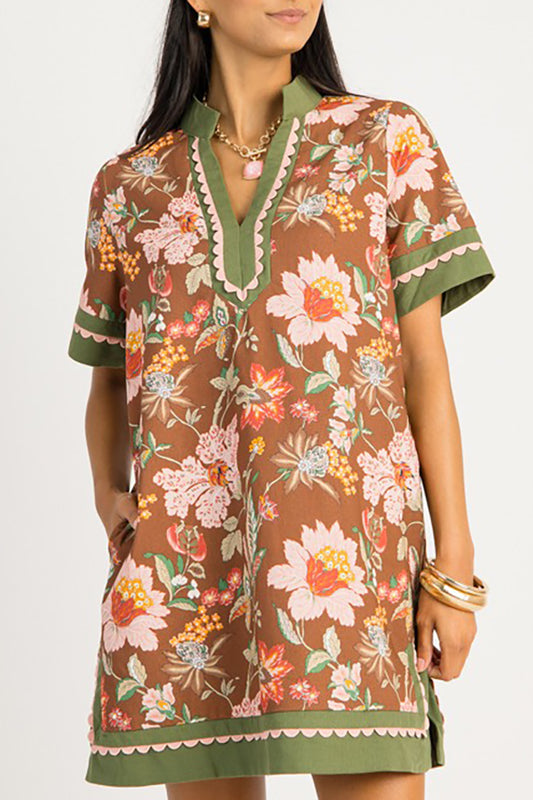 Floral Scallop Border Pockets Dress