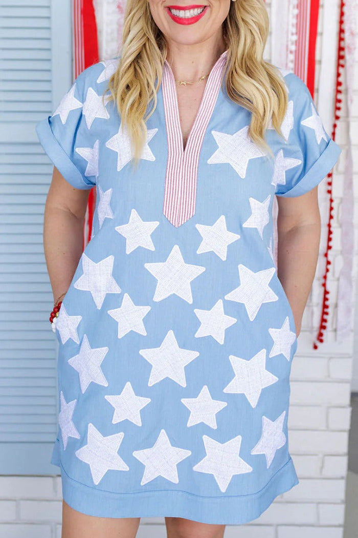 Cuffed Sleeve Pocketed Star Shirt Dress