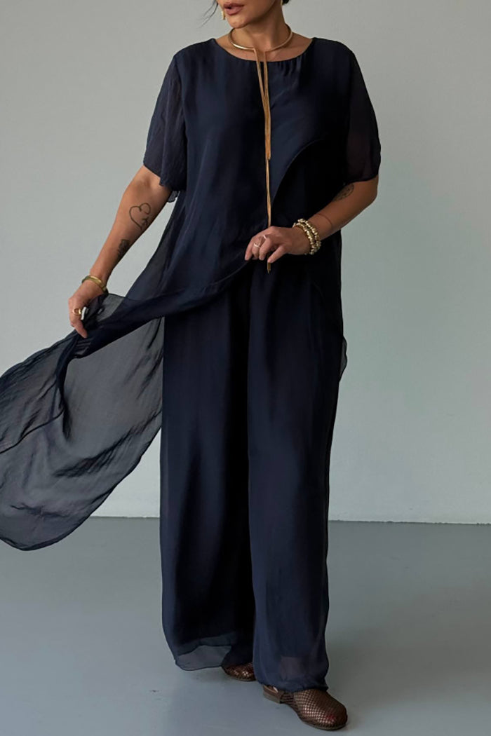 Flowy Asymmetric Cape Sleeve Wide Leg Pants Set