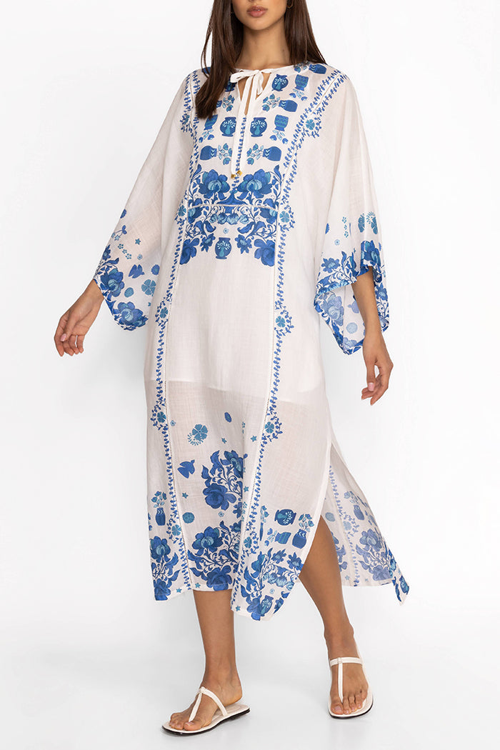 Blue Floral Bell Sleeve Side Slit Kaftan Midi Dress