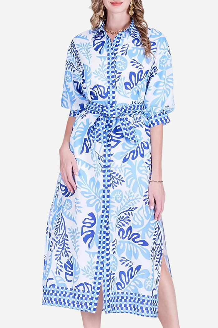 Lagoon Leaf Print Tie-Waist Maxi Dress