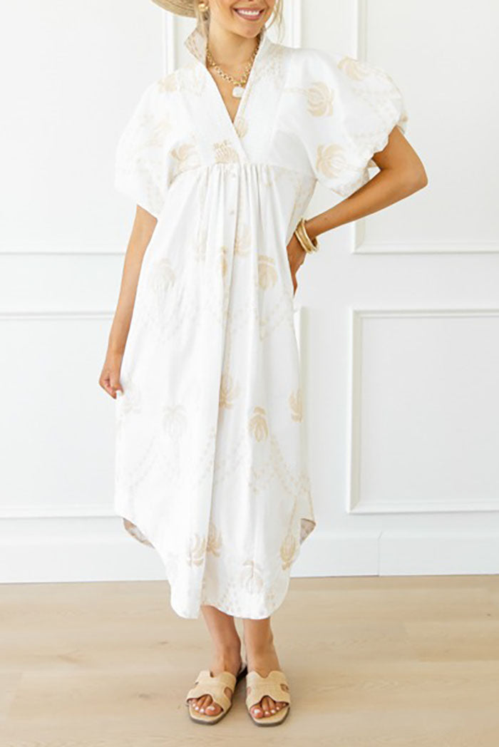 Embroidery Print Puff Sleeves Dress