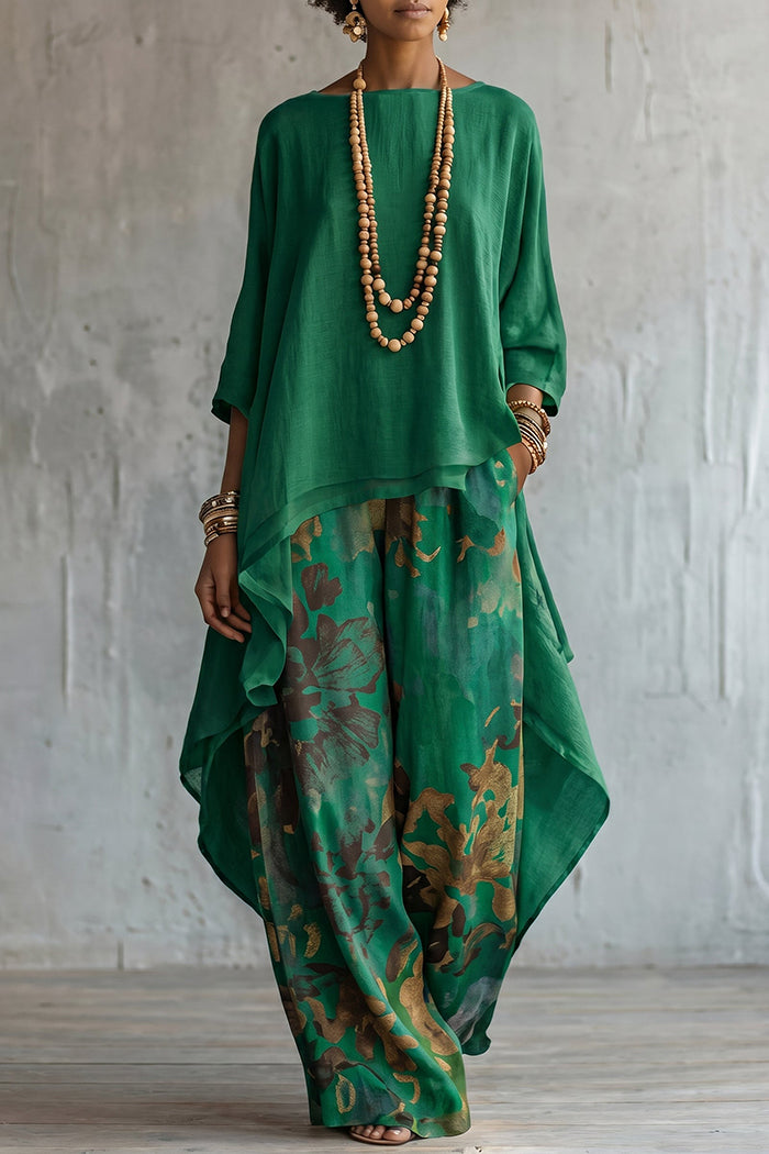 High Low Hem Floral Wide Leg Pants Set