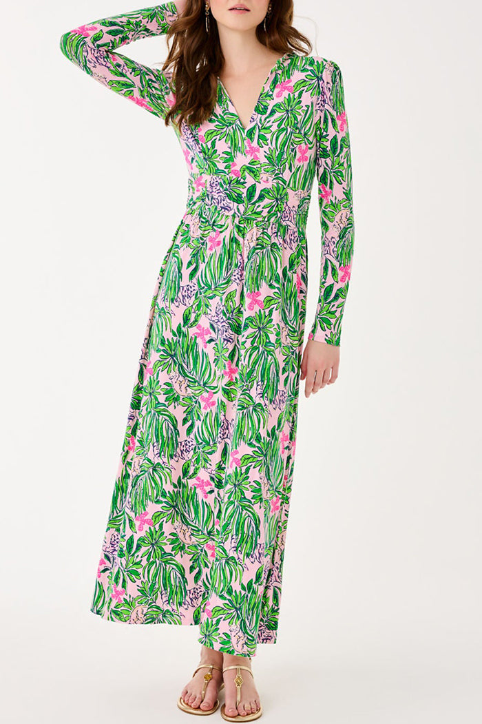 V-Neck Long Sleeves Print Midi Dress