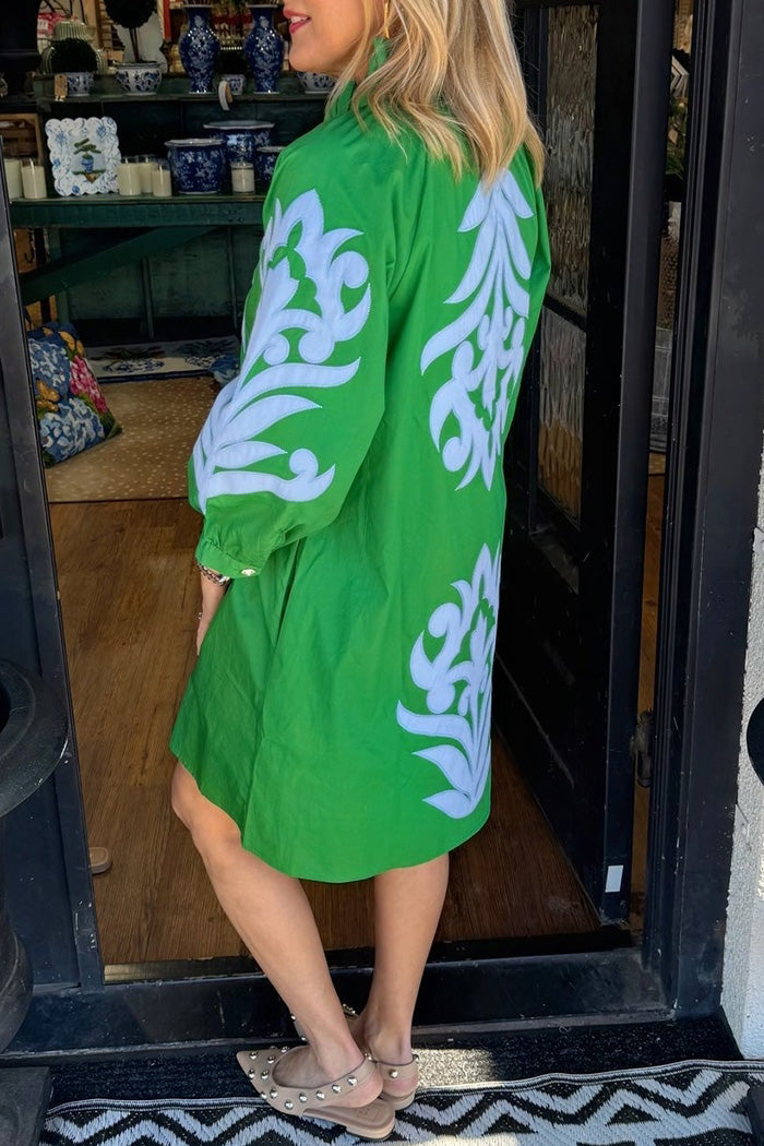 Contrast Print Half Placket 3/4 Sleeve Pocketed Dress