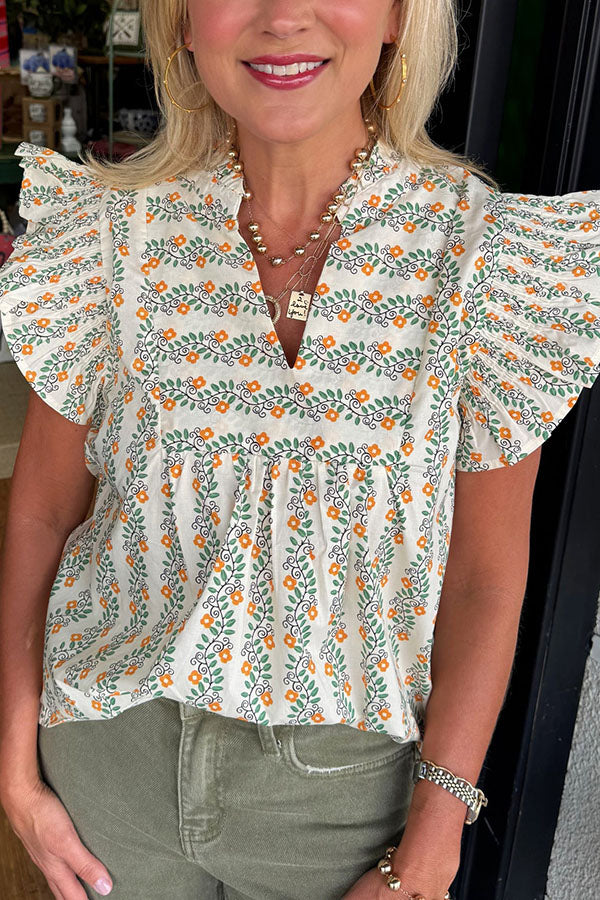 V-Neck Pleated Sleeve Floral Top