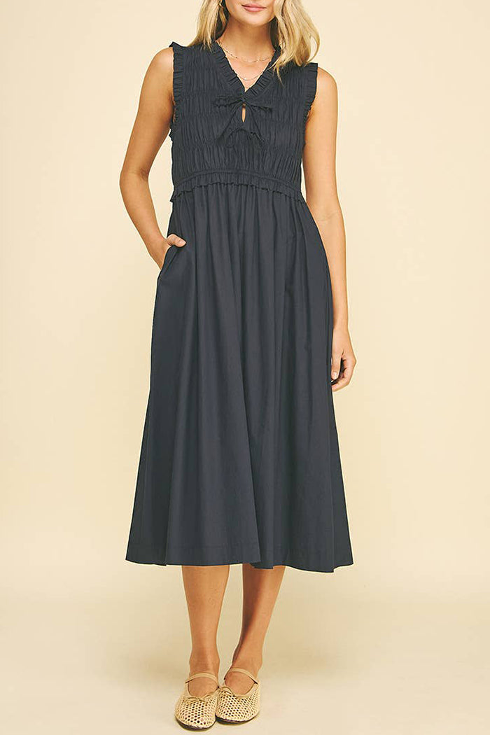 Front-Tie Smocking Pocket Midi Dress
