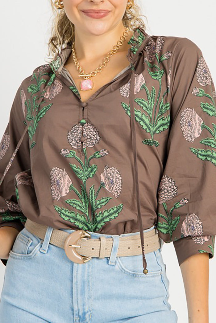 Floral Ruffle Collar Balloon Sleeves Top