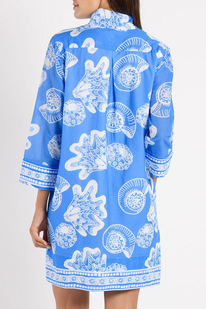 Blue Coastal Print Collared 3/4 Sleeve Pocket Dress