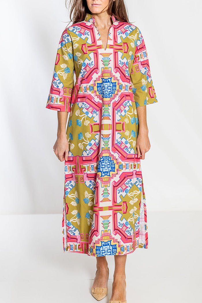 Multicolor Print 3/4 Sleeve Side Slit Maxi Dress