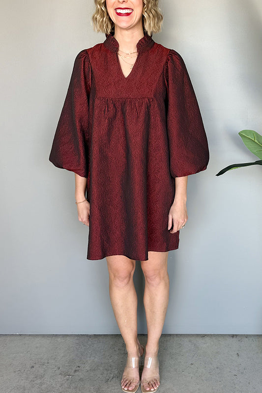 Burgundy V-Neck Puff-Sleeve Mini Dress