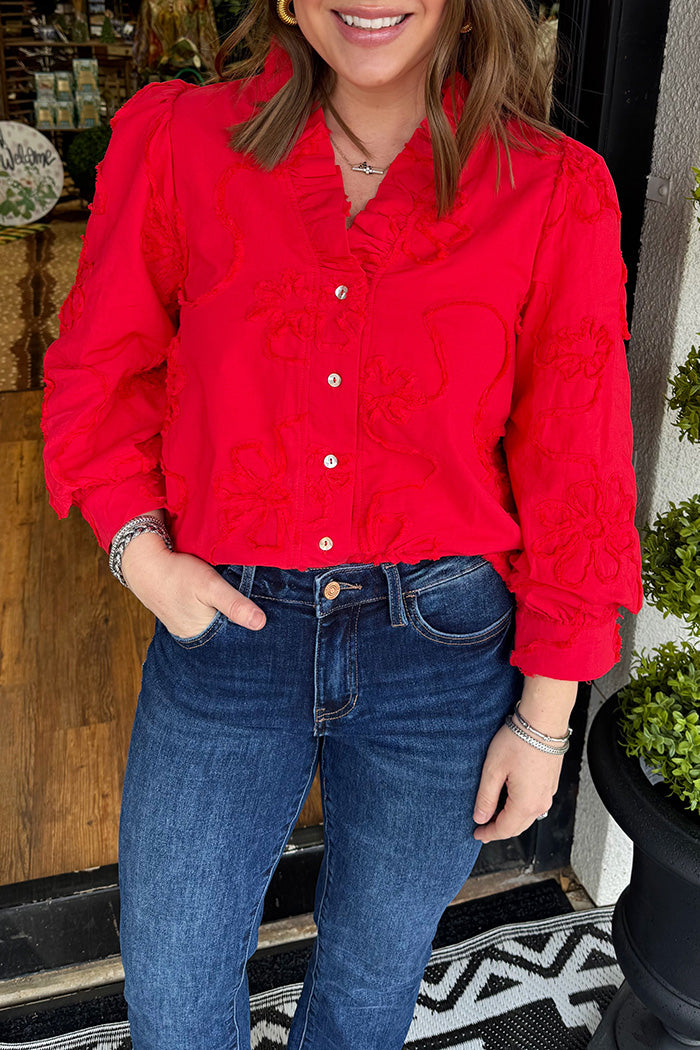 Ruffled Collar Button Front Top