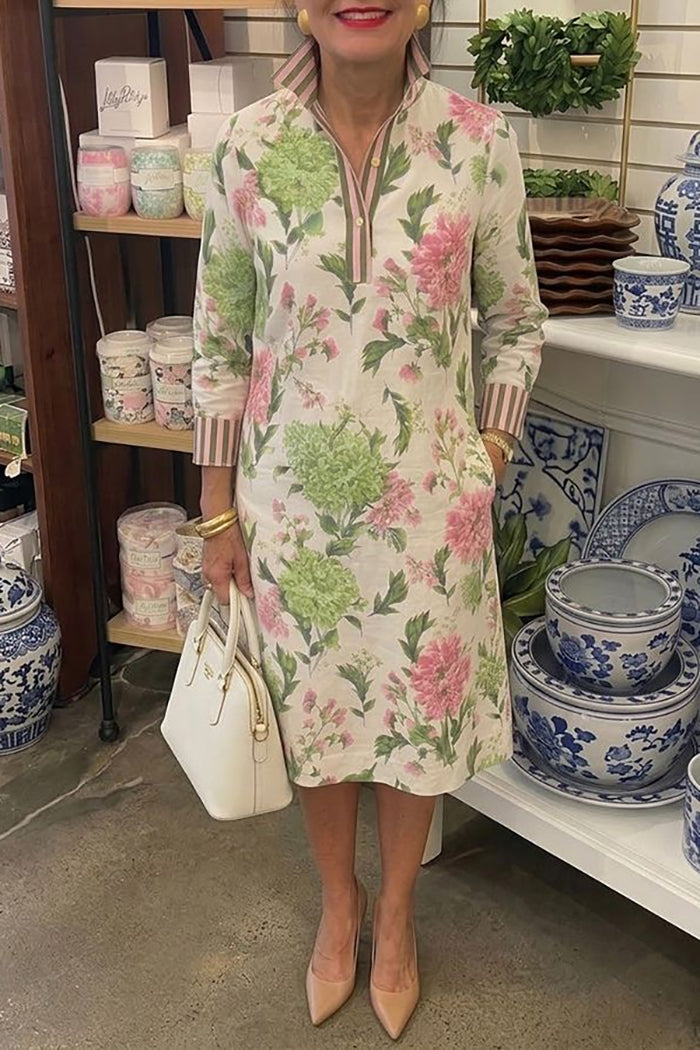 Floral Stripe Collar Pocket Shift Dress