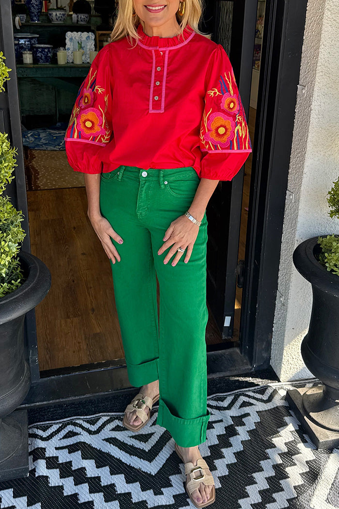 Red Floral Embroidered Puff Sleeve Top