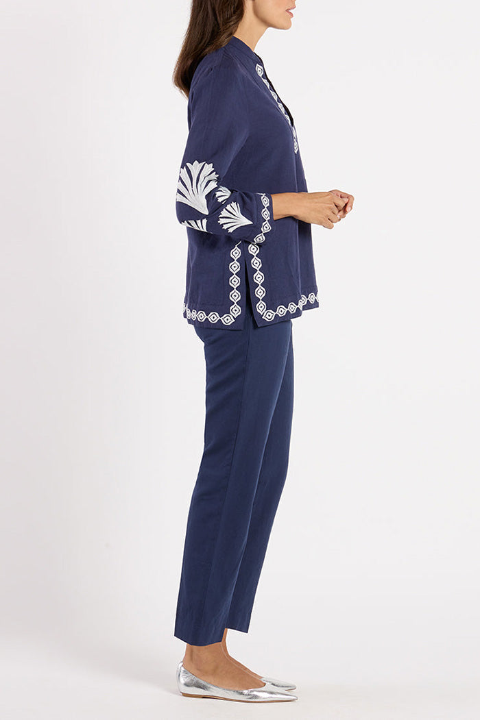 Navy Embroidered Geometric V-Neck Top